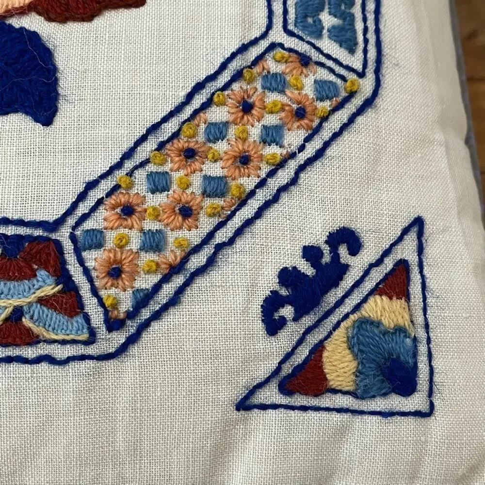 Handmade Throw Pillow 14 x 14 in White Linen Floral Embroidered Geometric